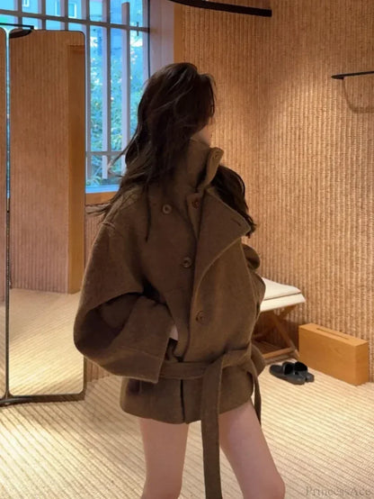 Casual Wool Lace-Up Stand Collar Overcoat