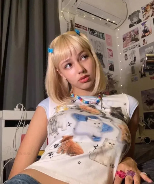 Cat Print Fairycore Baby Tee T-shirt
