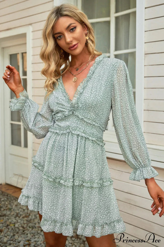 Causal Loose Solid Color Pleated Classic V-Neck Long Puff Sleeves Sweater Dress