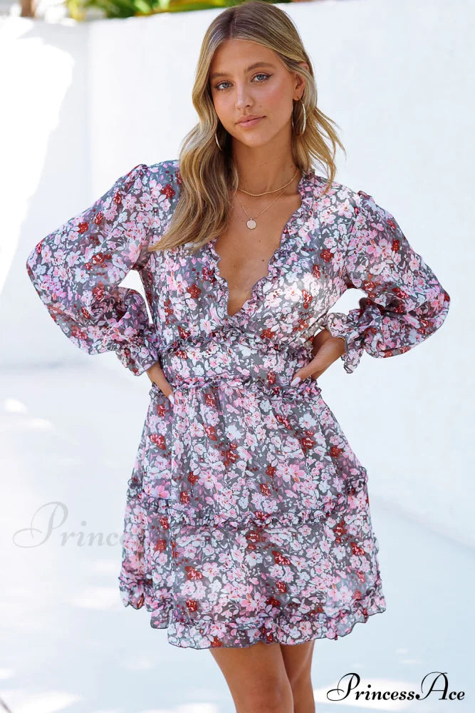 Causal Loose Solid Color Pleated Classic V-Neck Long Puff Sleeves Sweater Dress