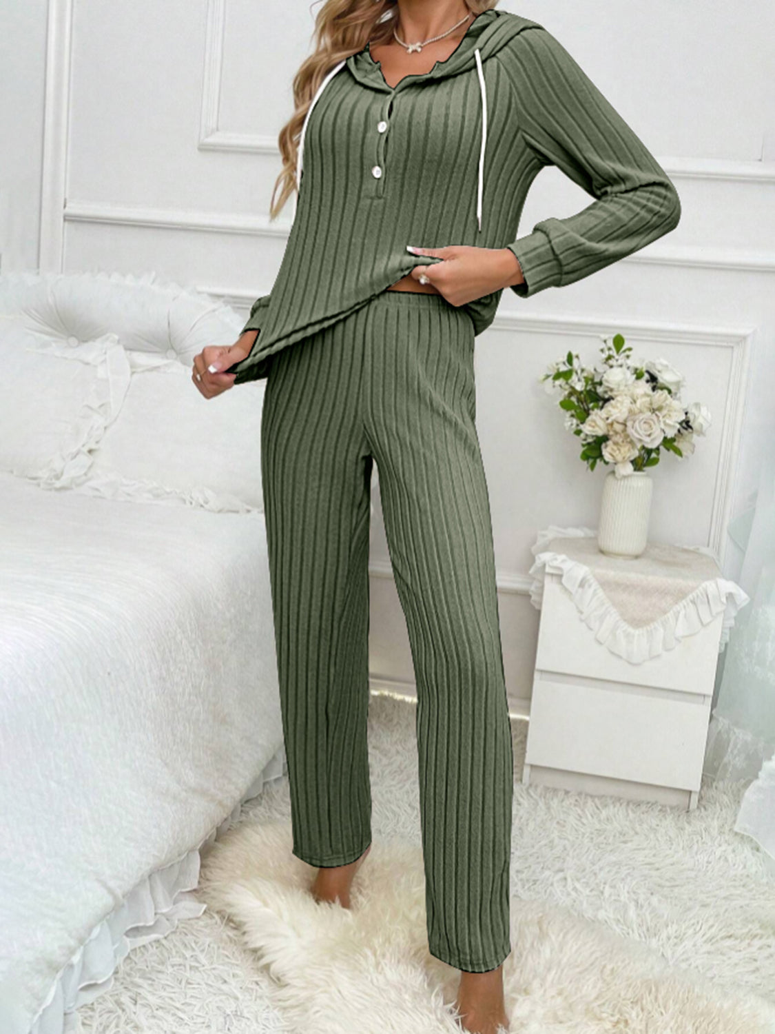 Ilona | Hooded top and ribbed drawstring half button pants set