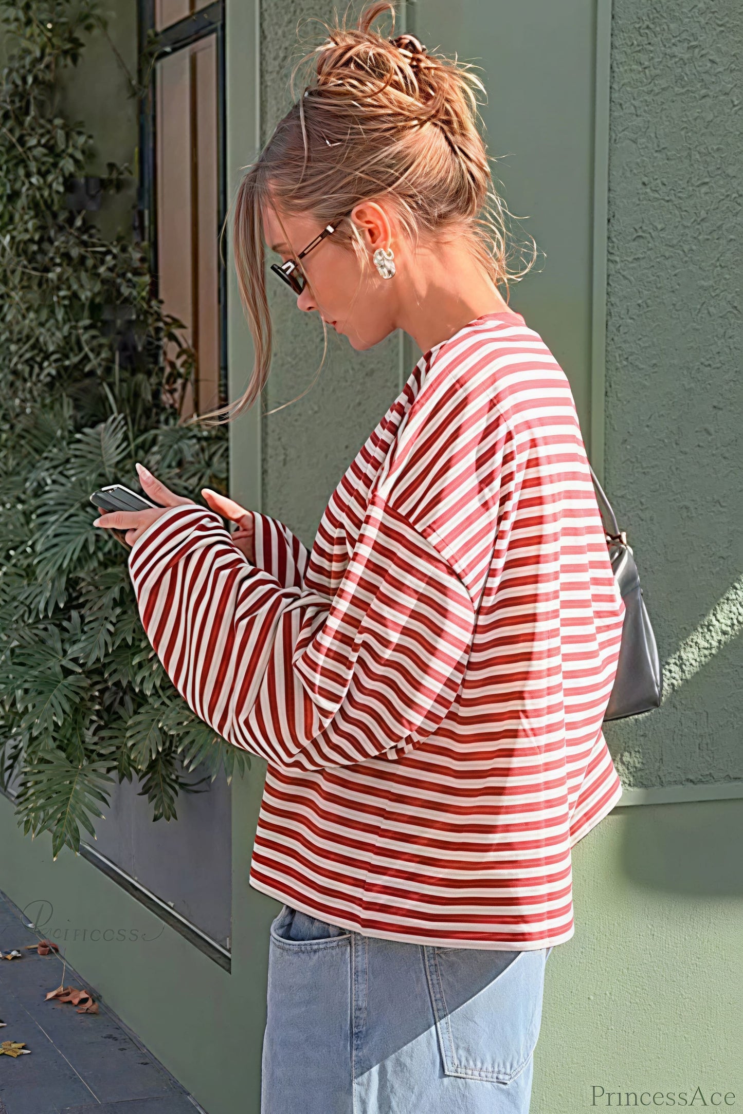 Striped Color Block Crew Neck Loose Long Sleeve Tee