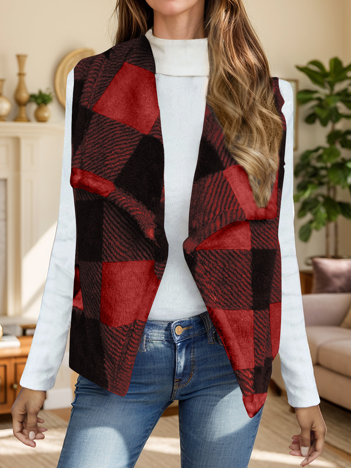 Yolanda | Checked vest coat with an open front