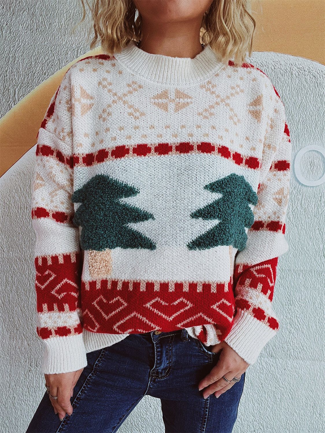 Annelies | Long-sleeved Christmas tree sweater with stand-up collar