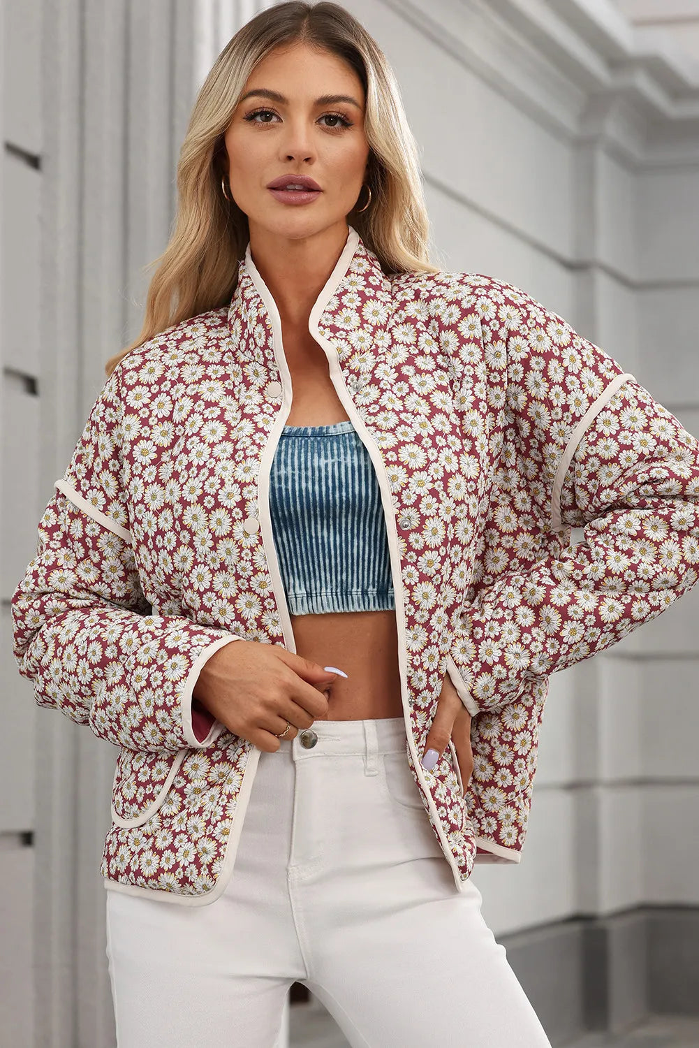 Bernadette | Floral coat with stand-up collar and press studs