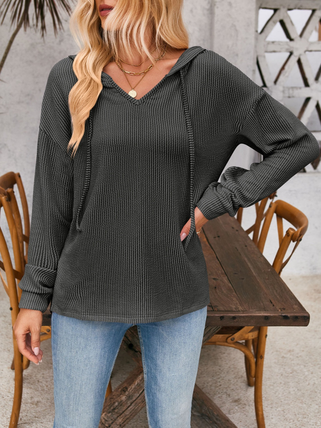 Melanie | Double Take hoodie with drawstring, dropped shoulder and long sleeves