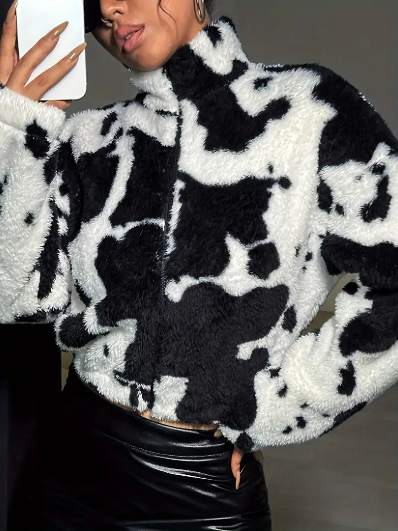 Lorena | Cozy jacket with zip and cow print