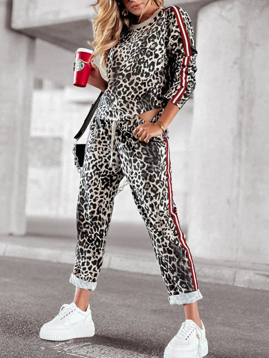 Araceli | Leopard print round neck long sleeve top and trousers set
