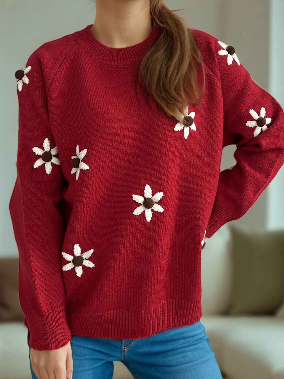 Hana | Floral sweater with a crew neck and raglan sleeves