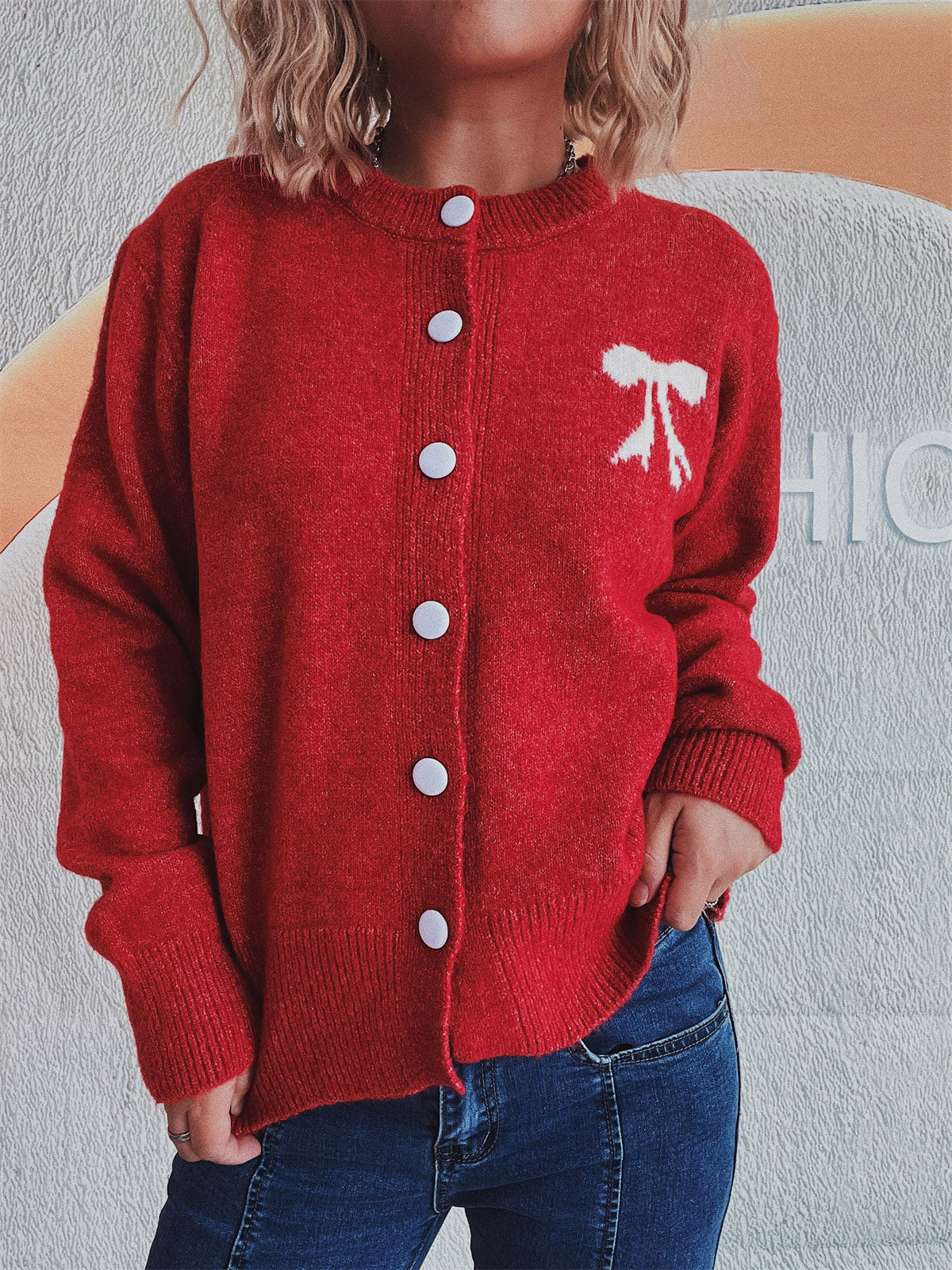 Beate | Long-sleeved cardigan with bow and round neckline and buttons
