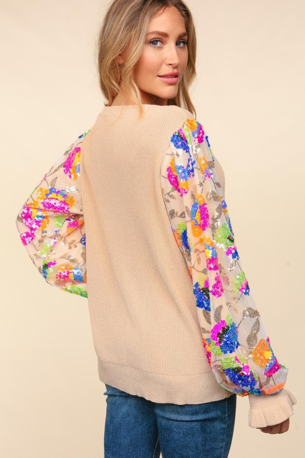 Emilia | Haptics sweater with floral sequins, mesh fabric and flounced sleeves
