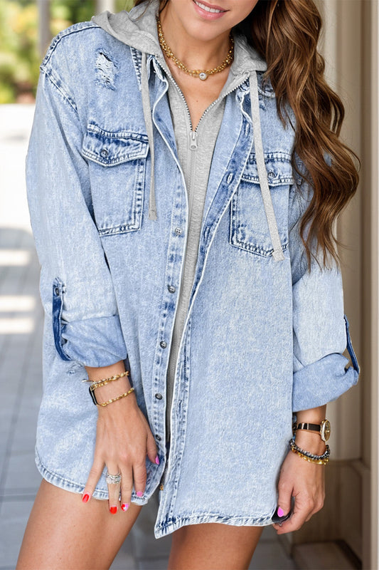 Aurora | Long-sleeved distressed button-down denim jacket