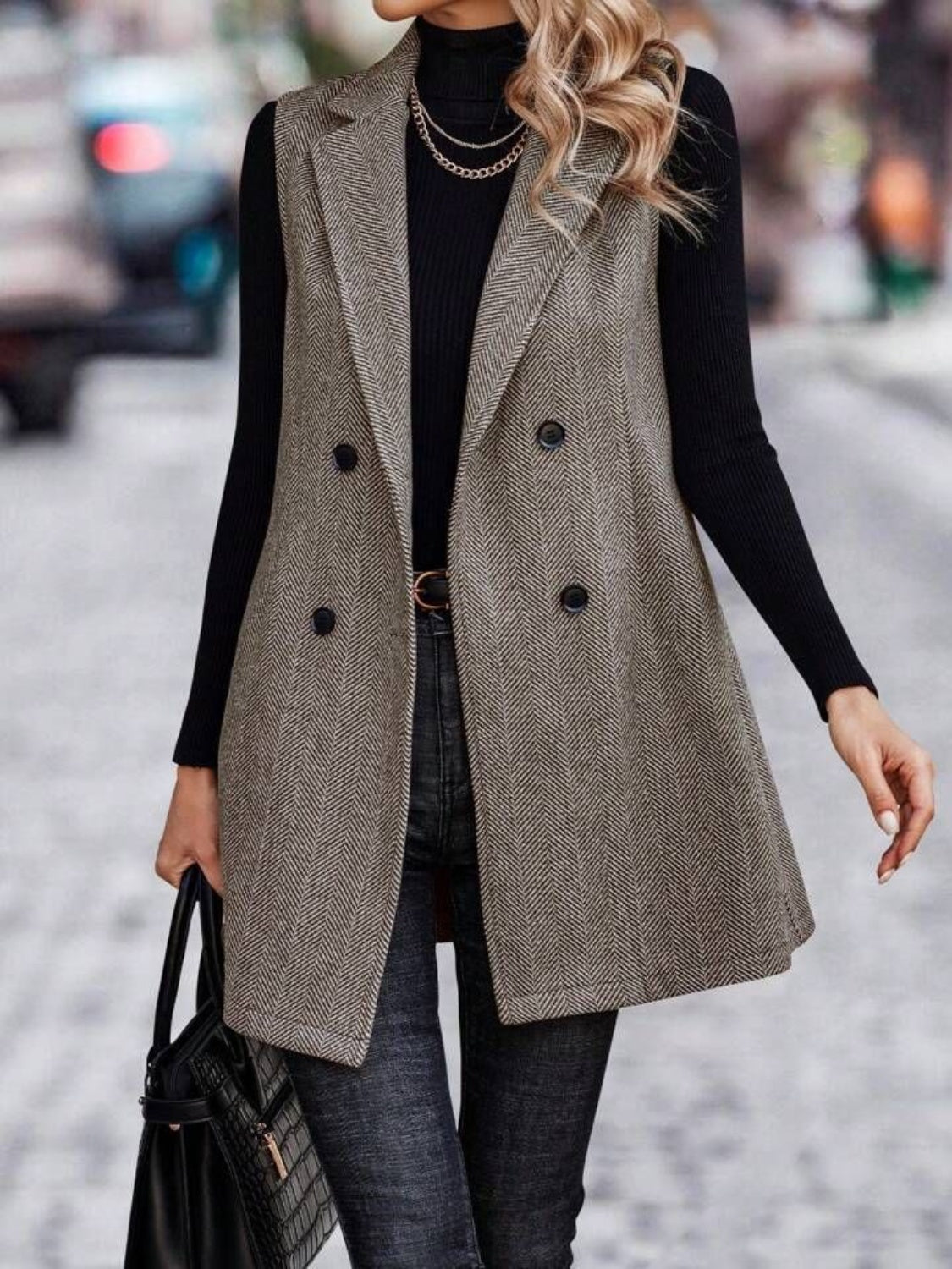Carolin | Long cut vest coat with buttoned collar and collar