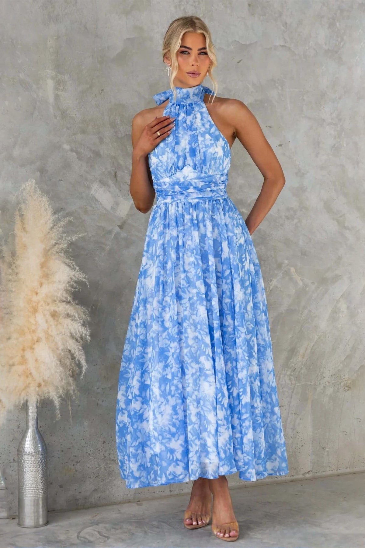 Sleeveless Floral Halter Backless Midi Dress