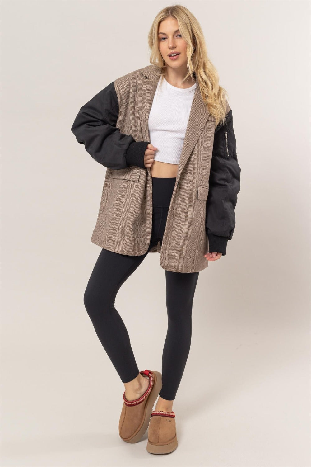 Marina | Long sleeve blazer with herringbone pattern and mixed media contrast