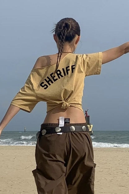 Graphic Print Asymmetrical Neck Short Sleeve Blouse