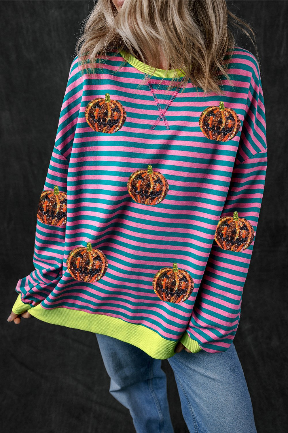Felicidad | Pumpkin striped crew neck long sleeve sweatshirt