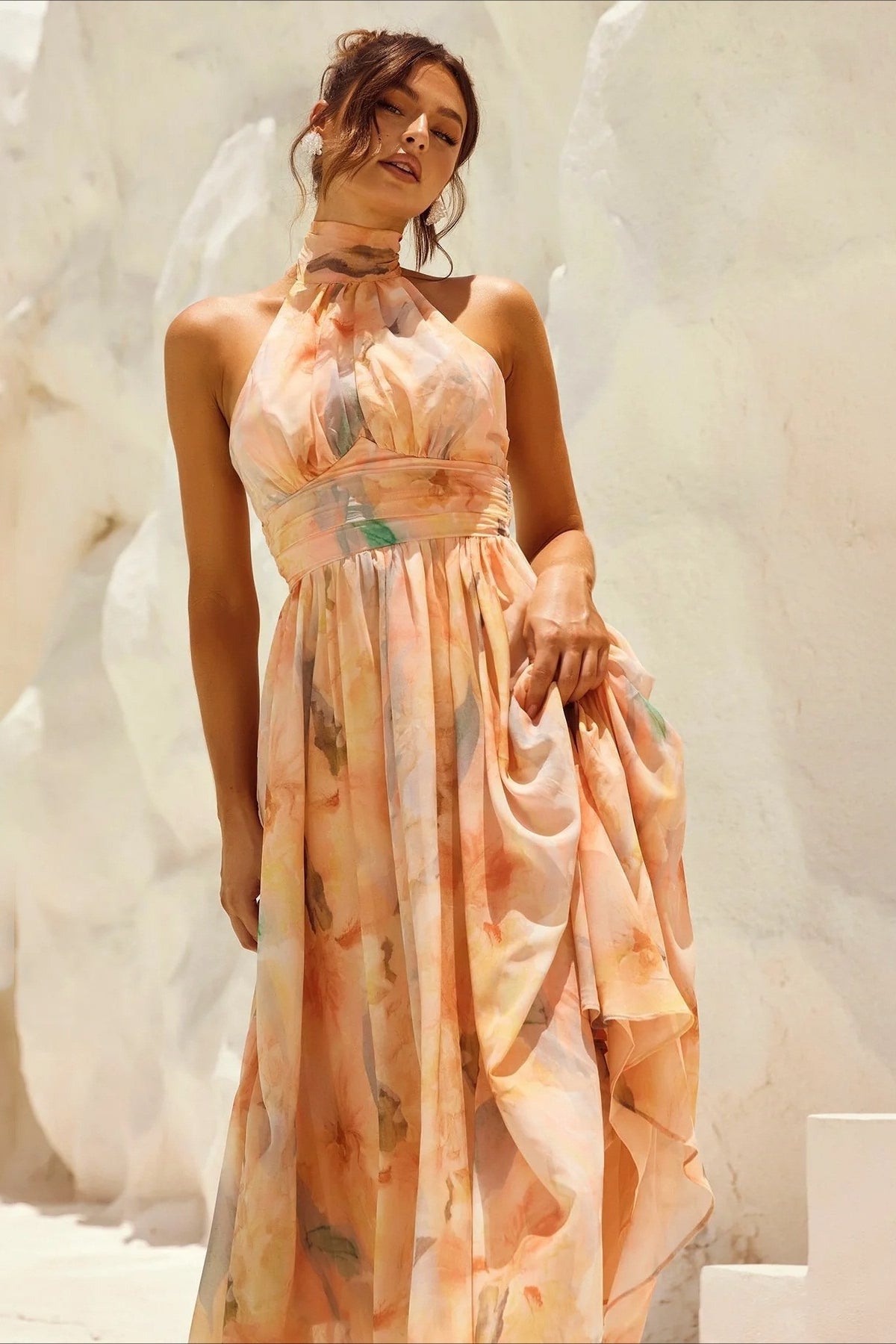 Sleeveless Floral Halter Backless Midi Dress