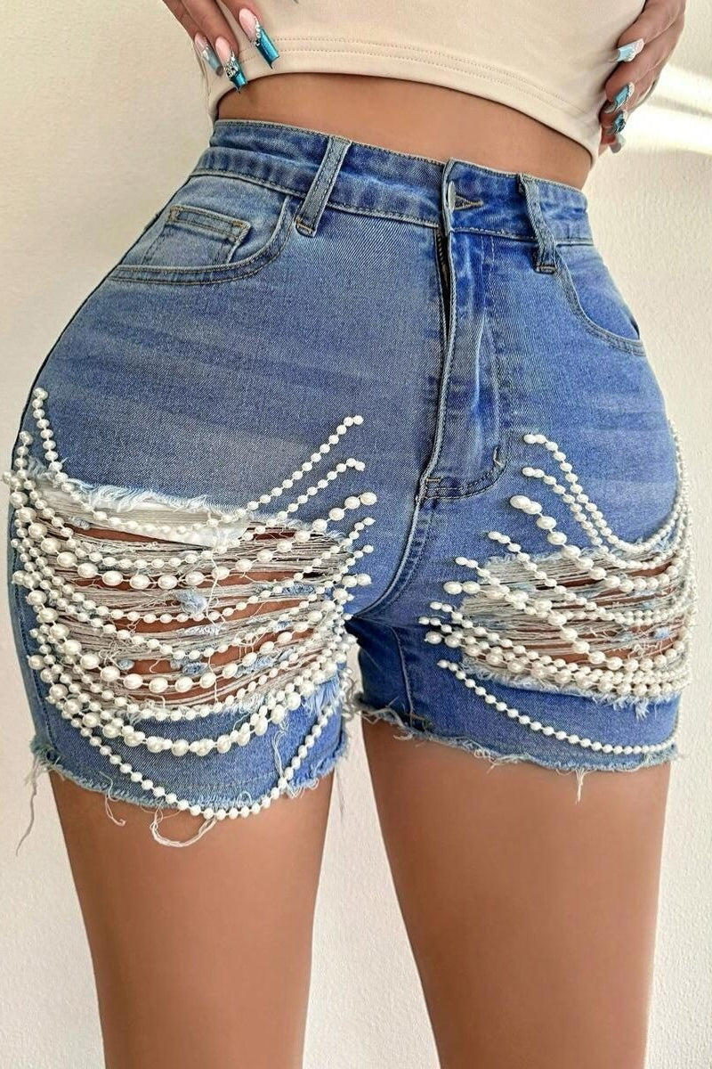 Beaded Chain Ripped High Waist Denim Shorts