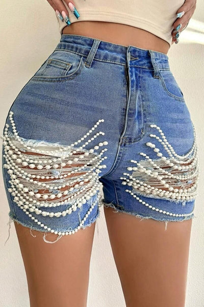 Beaded Chain Ripped High Waist Denim Shorts