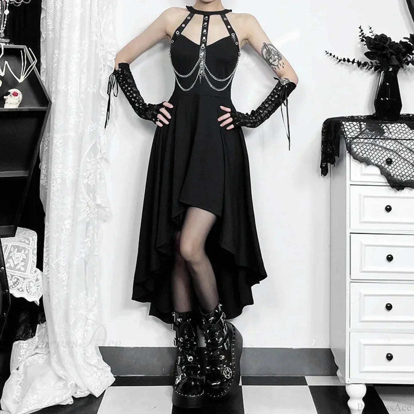 Chains Ornament Halter Swing Midi Dress
