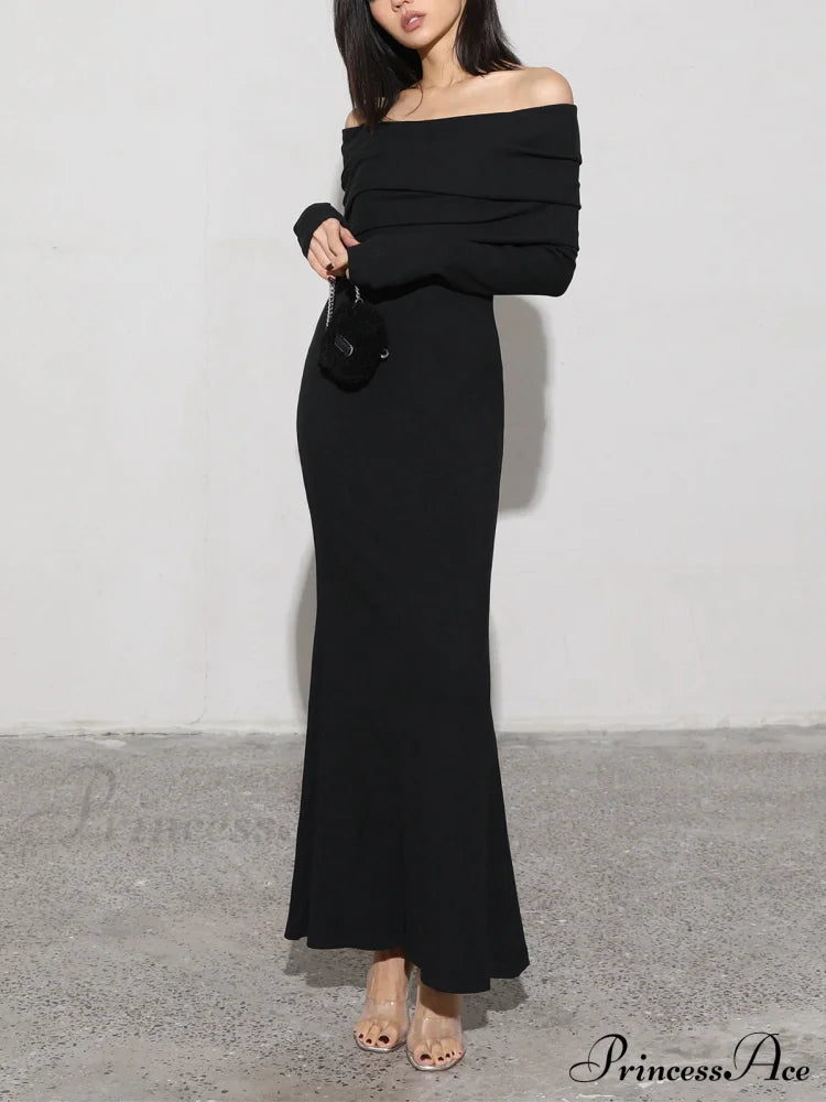 Charcoal Off Shoulder Overfold Modern Long Sleeve Long Dress