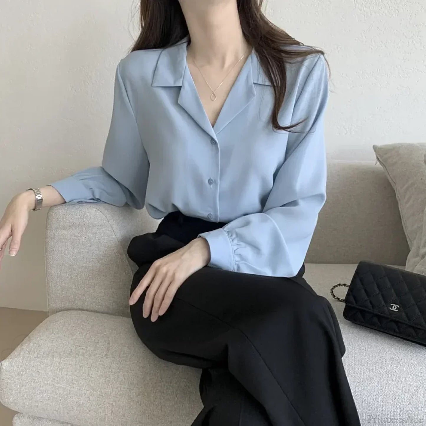 Chic Lantern Sleeve Suit Collar Loose Office Shirt
