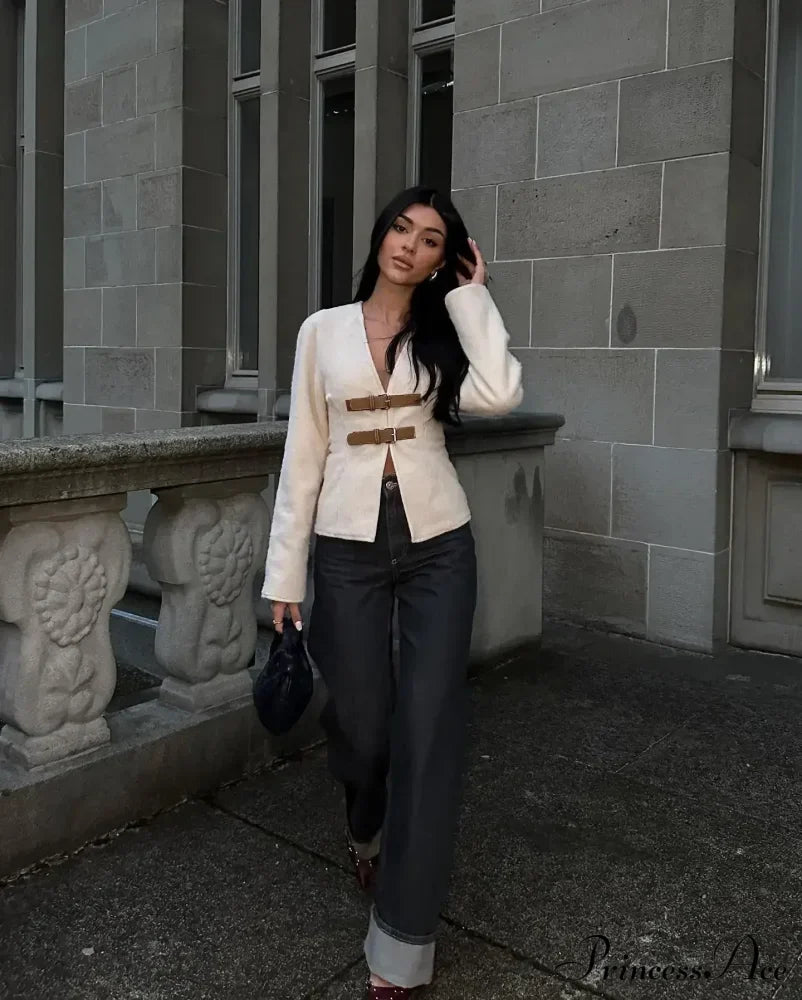 Chic Leather Belted V-neck Elegant Long Sleeved Outerwear New Autumn Stylish Coat