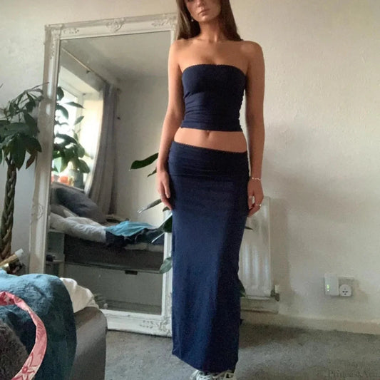 Chic Women Chest Wrap Tube Tops + Low Rise Long Skirt Summer Strapless Camis Crop Tops Y2K Fairycore Vintage 2 Piece Set Outfits
