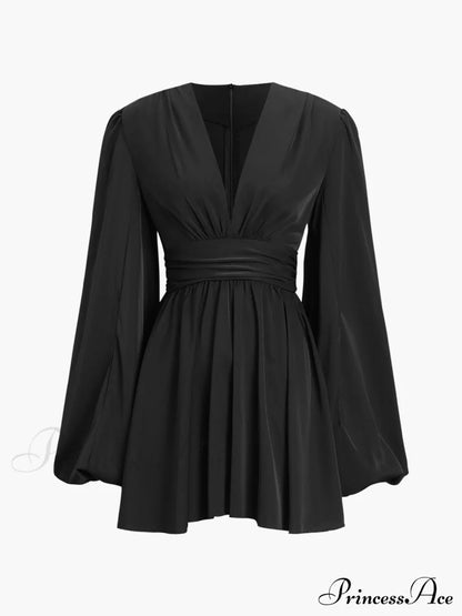 Chiffon Low Cut V-neck Modern Pleated Zip Mini Dress