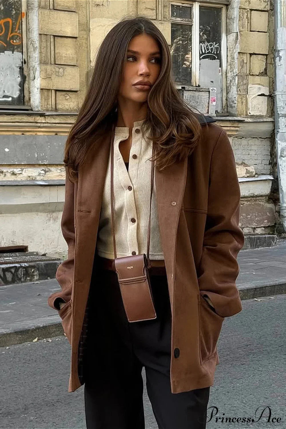 Coffee Suede Paneled Black Collar Loose Coat