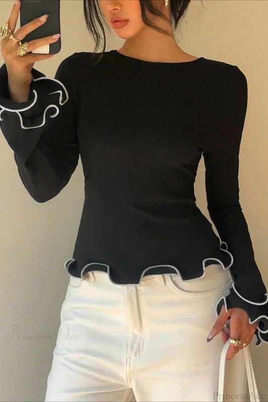 Color Block Ruffle Trim Slim Crew Neck Long Sleeve Tee