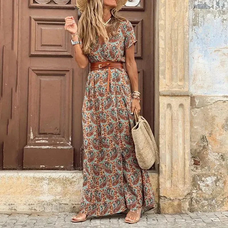 Connie | Women's V-Neck Belted Maxi Dress