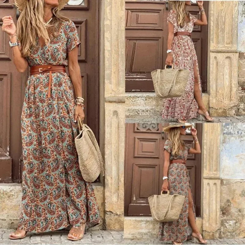Connie | Women's V-Neck Belted Maxi Dress