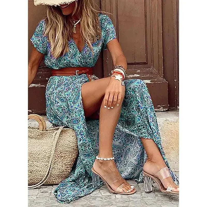 Connie | Women's V-Neck Belted Maxi Dress