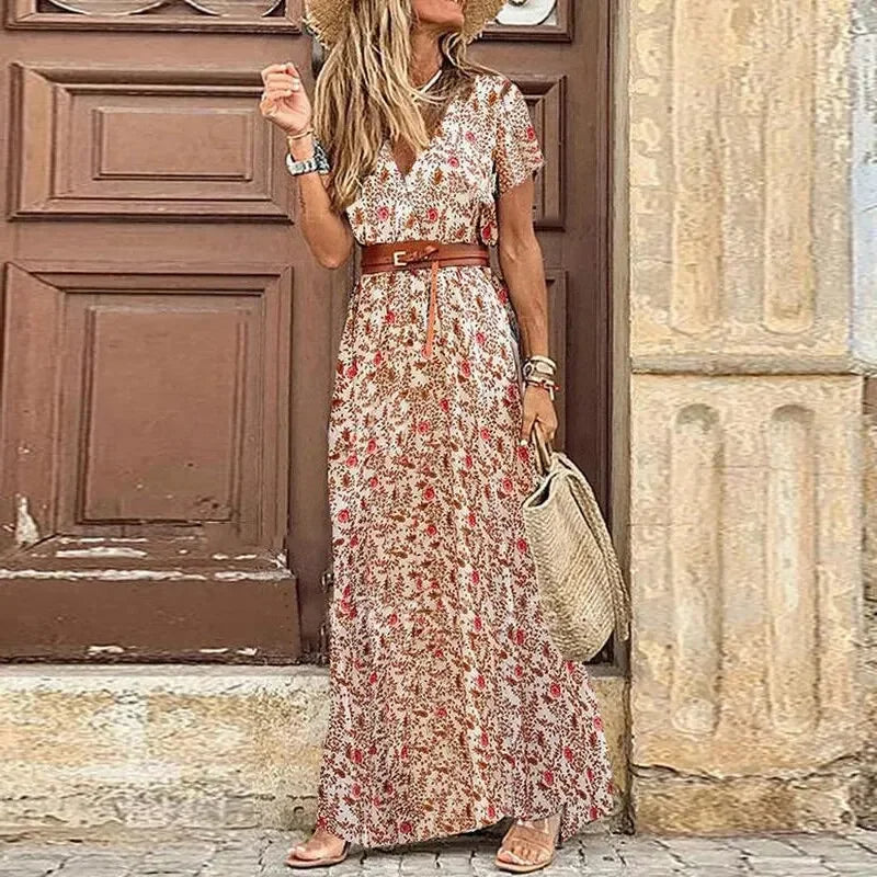 Connie | Women's V-Neck Belted Maxi Dress