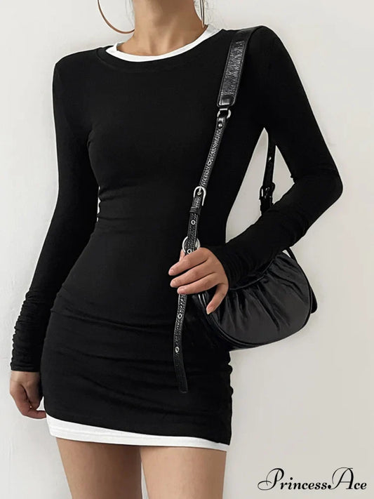 Contrast Binding Bodycon Long Modern Sleeve Knit Mini Dress