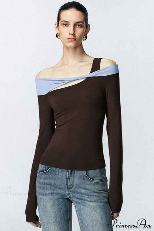 Contrast Color One Shoulder Cutout Slim Long Sleeve Tee