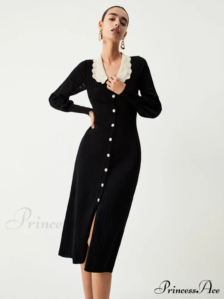 Contrast Eyelet Collar Long Modern Sleeve Midi Sweater Dress