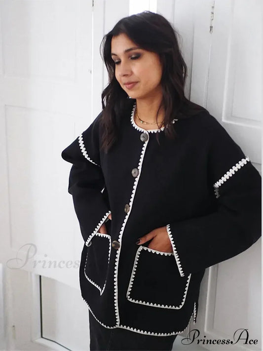 Contrast O Neck Loose Elegant Long Sleeves Winter New Stylish Fashionable Coat