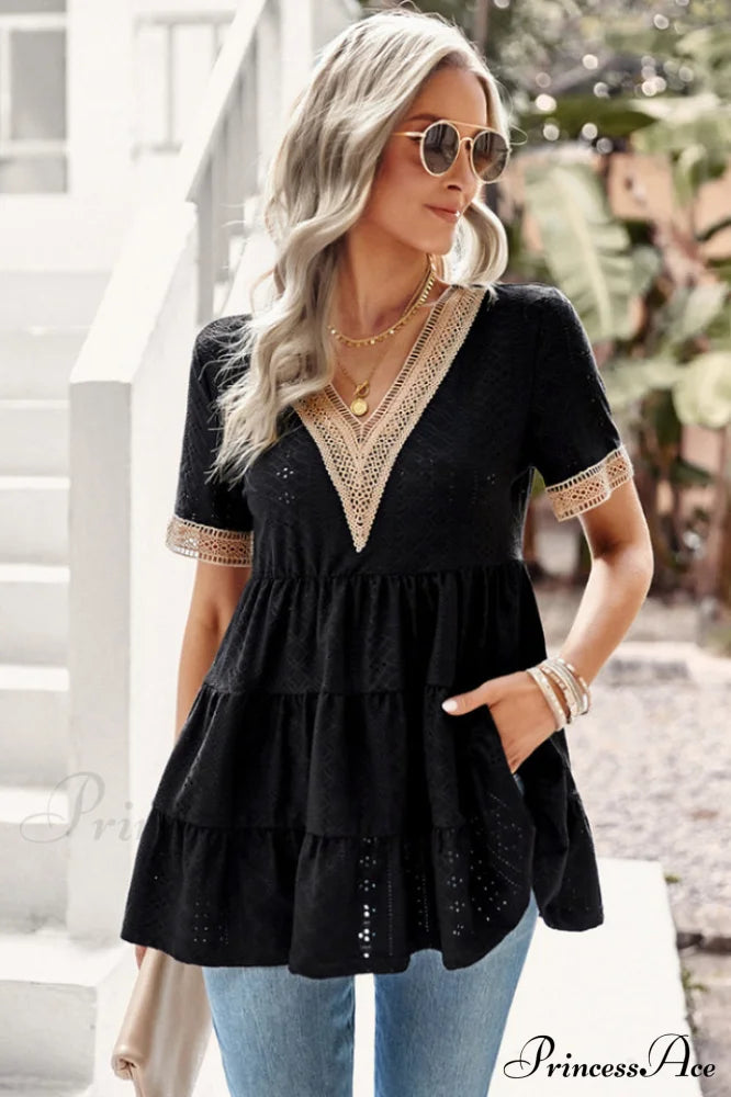 Contrast Short Stylish Sleeve Tiered Blouse