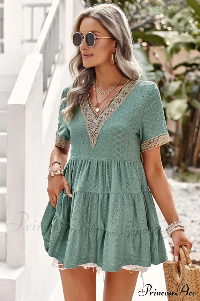 Contrast Short Stylish Sleeve Tiered Blouse