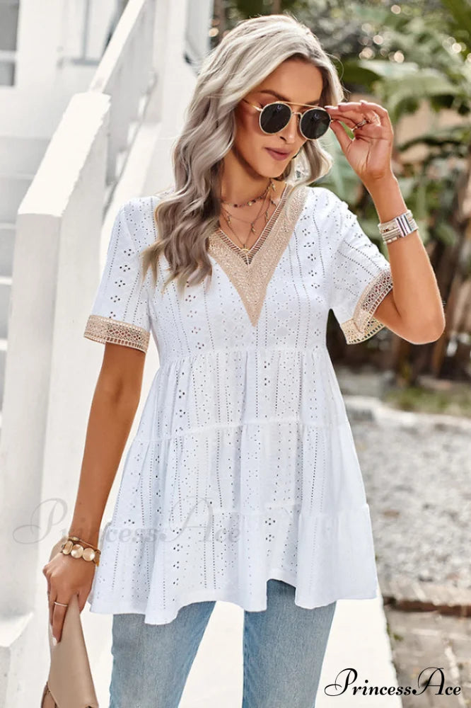 Contrast Short Stylish Sleeve Tiered Blouse