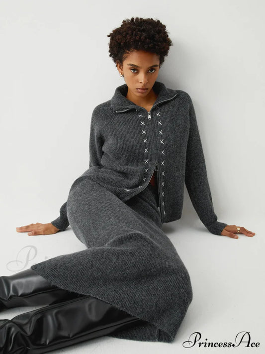 Contrast Stitches Two Way Zip Classic Long Sleeve Two Piece Skirt Set