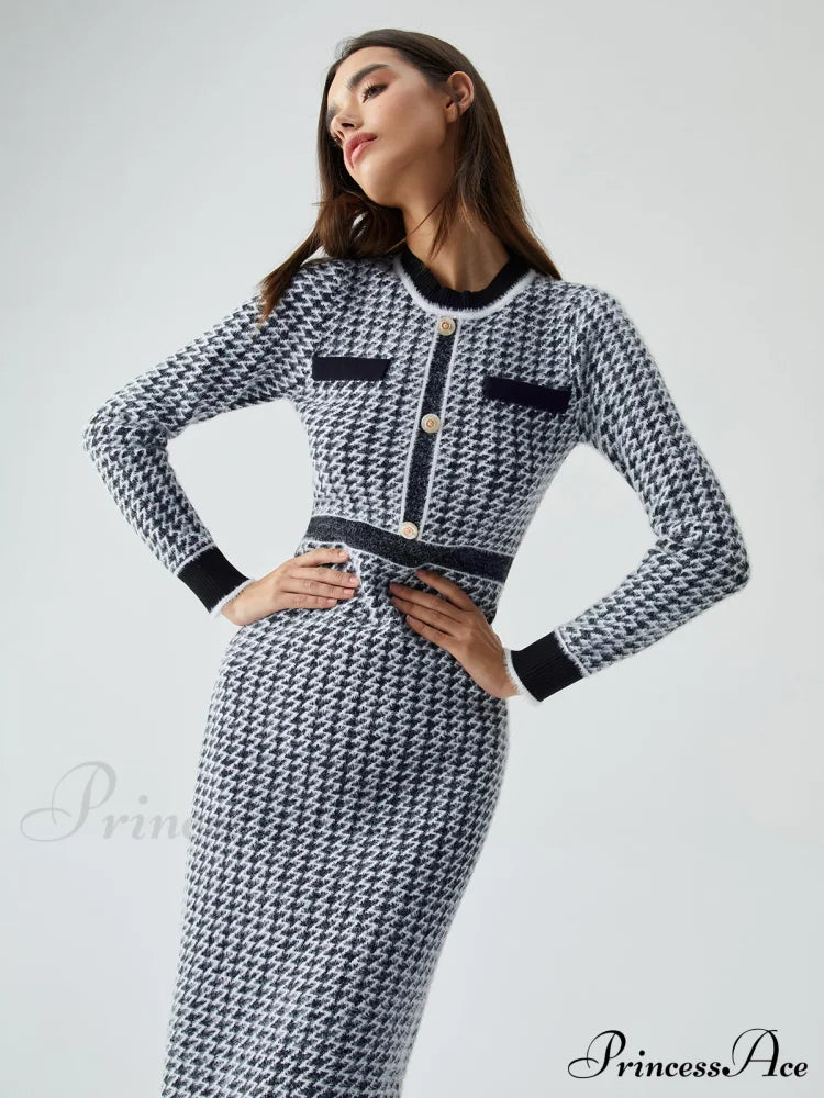 Contrast Trim Herringbone Trendy Bodycon Sweater Midi Dress
