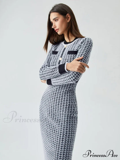 Contrast Trim Herringbone Trendy Bodycon Sweater Midi Dress