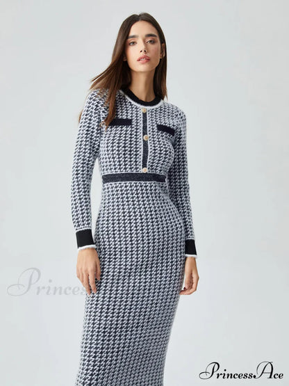 Contrast Trim Herringbone Trendy Bodycon Sweater Midi Dress