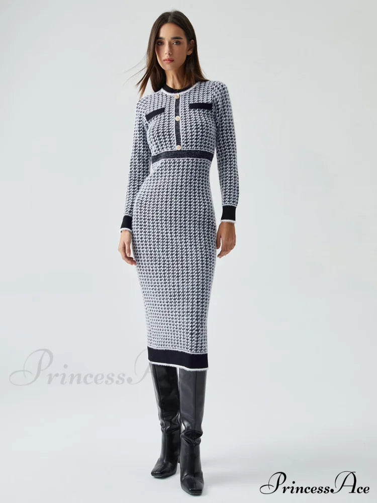 Contrast Trim Herringbone Trendy Bodycon Sweater Midi Dress