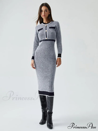 Contrast Trim Herringbone Trendy Bodycon Sweater Midi Dress