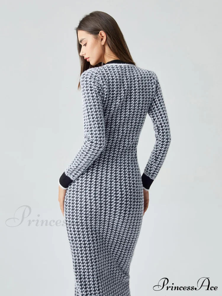 Contrast Trim Herringbone Trendy Bodycon Sweater Midi Dress
